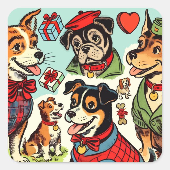 Cute Retro Dogs Comics Square Sticker (Front)