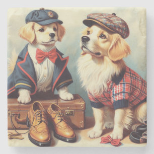 Cute Retro Dogs Oil Painting Stone Coaster