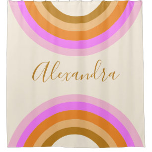 Cute Retro Double Rainbow Personalised Script Pink Shower Curtain