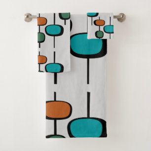 Cute retro elegant blue orange trendy pattern grey bath towel set