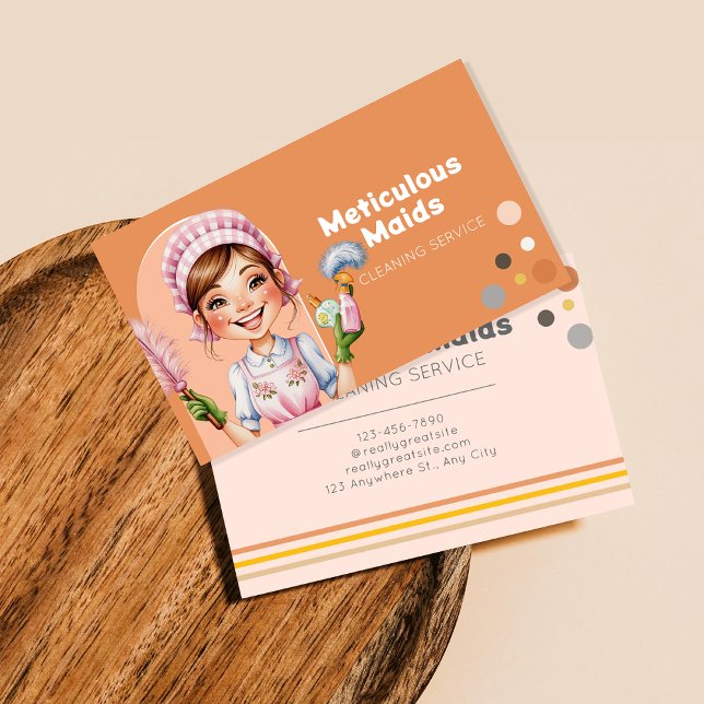 Cute Retro Elegent Cartoon Maid Cleaning Services  Business Card (Creator Uploaded)