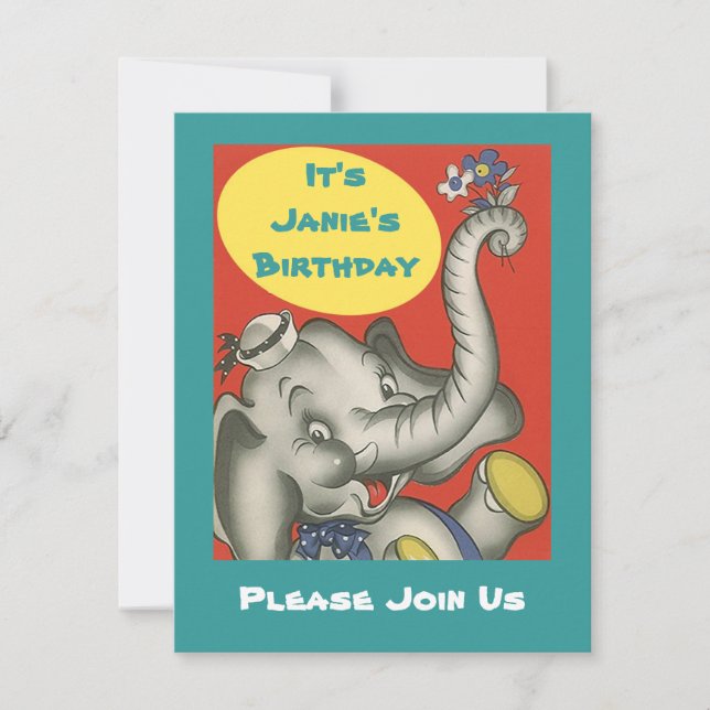 Cute Retro Elephant Themed Party Invitation Invite (Front)