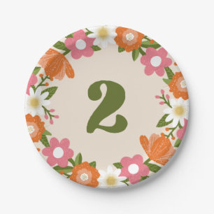 Cute Retro Floral 2 Girls Second Birthday Paper Plate