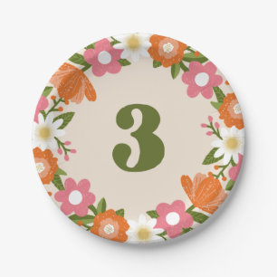 Cute Retro Floral 3   Girls Third Birthday Paper Plate