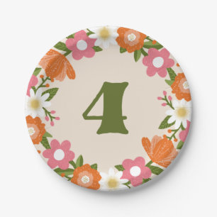 Cute Retro Floral 4   Girls Fourth Birthday Paper Plate