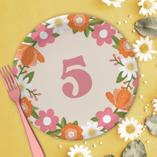 Cute Retro Floral 5   Girls Fifth Birthday Paper Plate
