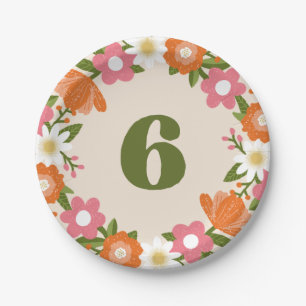 Cute Retro Floral 6   Girls Sixth Birthday Paper Plate