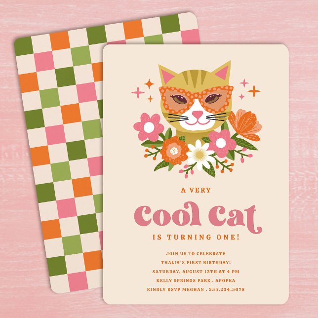 Cute Retro Floral Cool Cat First Birthday Party Invitation (Creator Uploaded)
