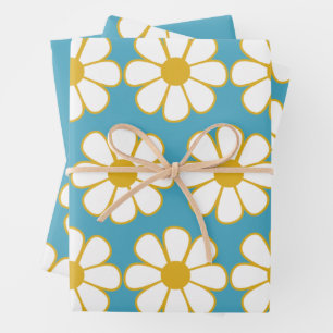 Cute Retro Floral Daisy Pattern Mustard and Blue Wrapping Paper Sheet