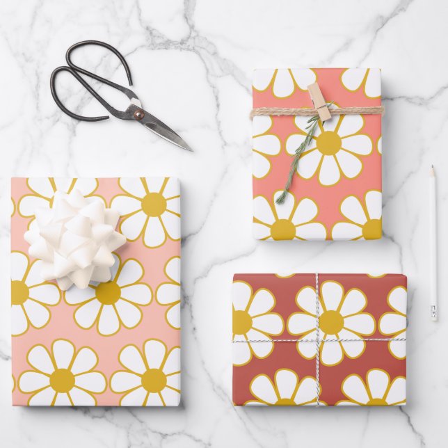 Cute Retro Floral Daisy Pattern Wrapping Paper Sheet (Front)