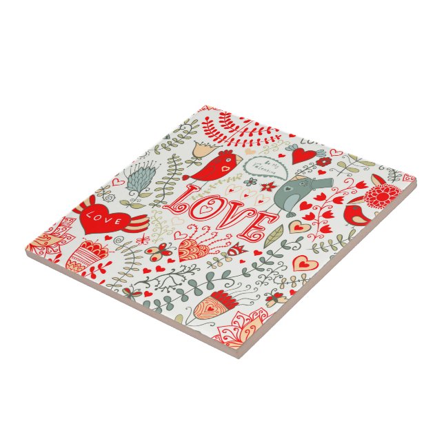 Cute Retro Floral Illustration Valentines Design Tile (Side)