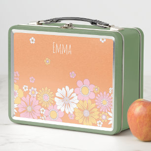 Cute Retro Floral Kids Girls Modern Metal Lunch Box