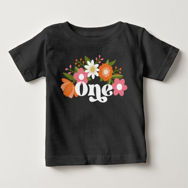 Cute Retro Floral One | Baby's First Birthday  Baby T-Shirt (Front)