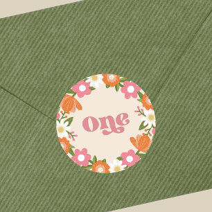 Cute Retro Floral One   Baby's First Birthday  Classic Round Sticker