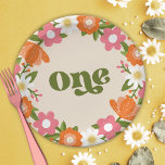 Cute Retro Floral One | Baby's First Birthday  Paper Plate<br><div class="desc">These super cute first birthday paper plates feature a hand drawn floral frame,  including daisies,  in orange,  pink,  olive toned greens,  muted gold,  and white. Retro Typography reads,  "One" in matching olive green. *Illustration by Tracey Khalei / Orabella Prints.</div>