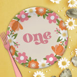 Cute Retro Floral One | Baby's First Birthday  Paper Plate<br><div class="desc">These super cute first birthday paper plates feature a hand drawn floral frame,  including daisies,  in orange,  pink,  olive toned greens,  muted gold,  and white. Retro Typography reads,  "One" in matching pink. *Illustration by Tracey Khalei / Orabella Prints.</div>