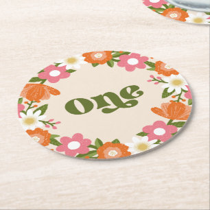 Cute Retro Floral One Baby's First Birthday Round Paper Coaster