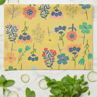Cute retro floral pattern mustard Pink Green Tea Towel