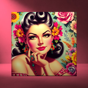 Cute Retro Floral Pin-up Portrait Ceramic Tile