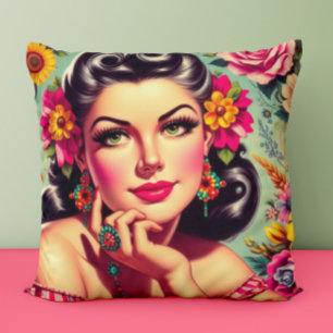 Cute Retro Floral Pin-up Portrait Cushion