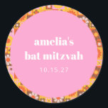 Cute Retro Floral Pink Orange Bat Mitzvah Custom Classic Round Sticker<br><div class="desc">Add a personalised pop of fun to your celebration with these vibrant custom stickers! Featuring a playful pink centre surrounded by a retro floral and geometric border in warm orange, yellow, and brown tones, these stickers are perfect for a Bat Mitzvah or any special event. Highlighting the guest of honour's...</div>