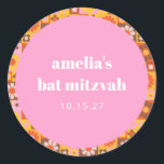 Cute Retro Floral Pink Orange Bat Mitzvah Custom Classic Round Sticker<br><div class="desc">Add a personalised pop of fun to your celebration with these vibrant custom stickers! Featuring a playful pink centre surrounded by a retro floral and geometric border in warm orange, yellow, and brown tones, these stickers are perfect for a Bat Mitzvah or any special event. Highlighting the guest of honour's...</div>