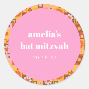 Cute Retro Floral Pink Orange Bat Mitzvah Custom Classic Round Sticker