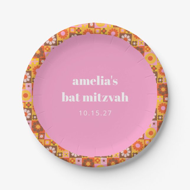Cute Retro Floral Pink Orange Bat Mitzvah Custom Paper Plate (Front)