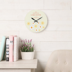 Cute Retro Floral script family name Large Clock