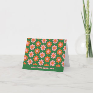 Cute Retro Flower Pattern Green Pink Personalised Note Card