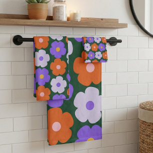 Cute Retro Flower Pattern in Purple and Green Bath Towel Set