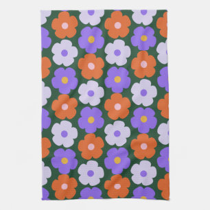 Cute Retro Flower Pattern in Purple and Green   Tea Towel