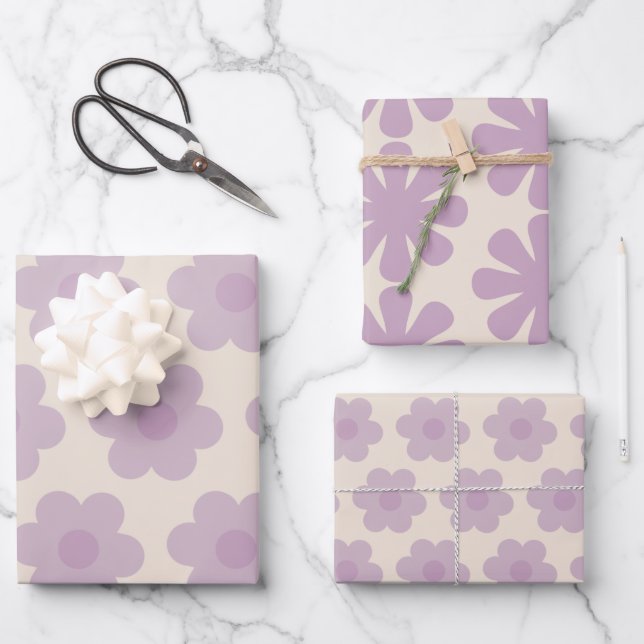 Cute Retro Flower Patterns in Pastel Lilac Purple Wrapping Paper Sheet (Front)