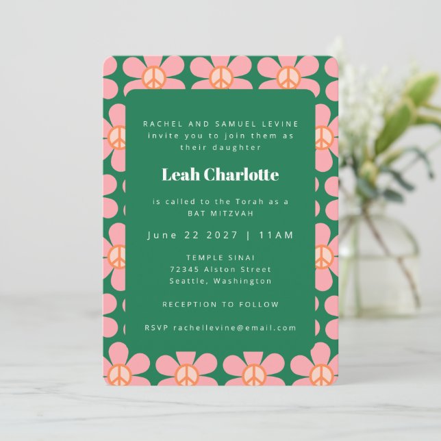 Cute Retro Flower Peace Pink Green Bat Mitzvah Invitation (Standing Front)