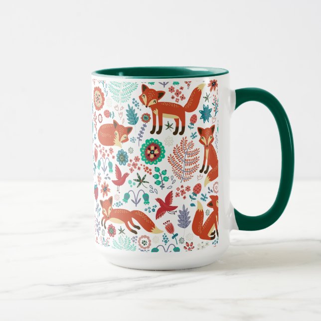 Cute Retro Flowers Birds & Red Foxes Pattern Mug (Right)
