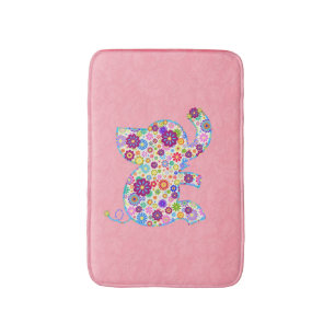 Cute Retro Flowers Cartoon Style Elephant Bath Mat