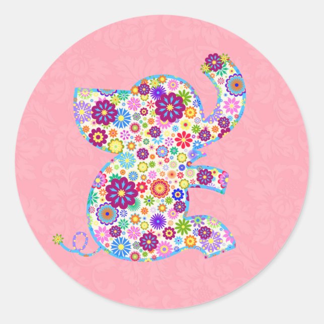 Cute Retro Flowers Cartoon Style Elephant Classic Round Sticker (Front)