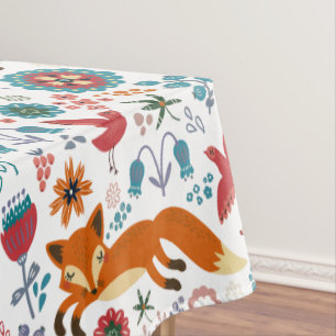 Cute Retro Flowers Foxes & Birds Pattern Tablecloth