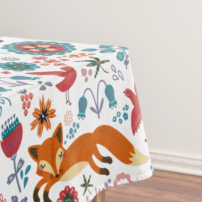 Cute Retro Flowers Foxes & Birds Pattern Tablecloth (In Situ)
