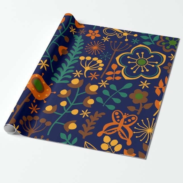 Cute Retro Flowers Seamless Patter Wrapping Paper (Unrolled)