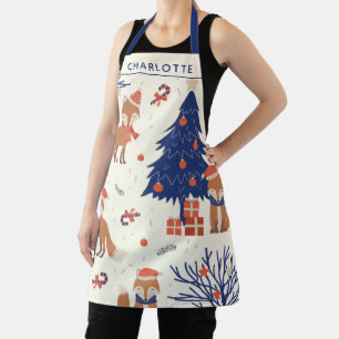 Cute Retro Fox and Christmas Tree Personalised Apron