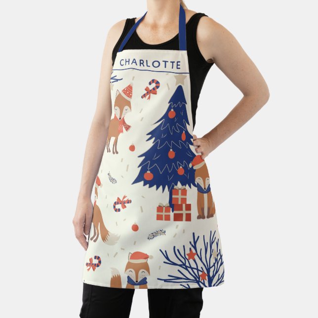 Cute Retro Fox and Christmas Tree Personalised Apron (Insitu)
