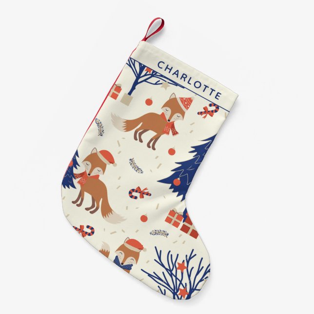 Cute Retro Fox and Christmas Tree Personalised Small Christmas Stocking (Front (Hanging))