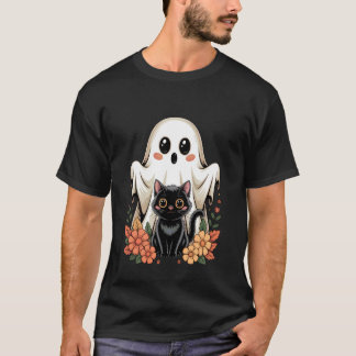 Cute Retro Ghost Black Cat Floral Halloween Spooky T-Shirt