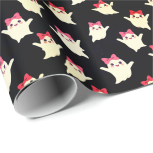 Cute Retro Girl Ghost with Pink Hair Bow Wrapping Paper