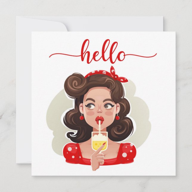 Cute Retro Girl Tan Flat Hello Card (Front)