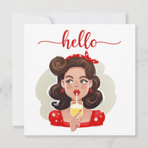 Cute Retro Girl Tan Flat Hello Card