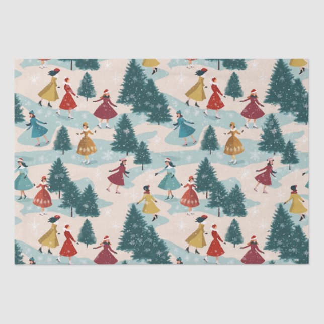 Cute Retro Girls Ice-Skating Tissue Paper (Front)