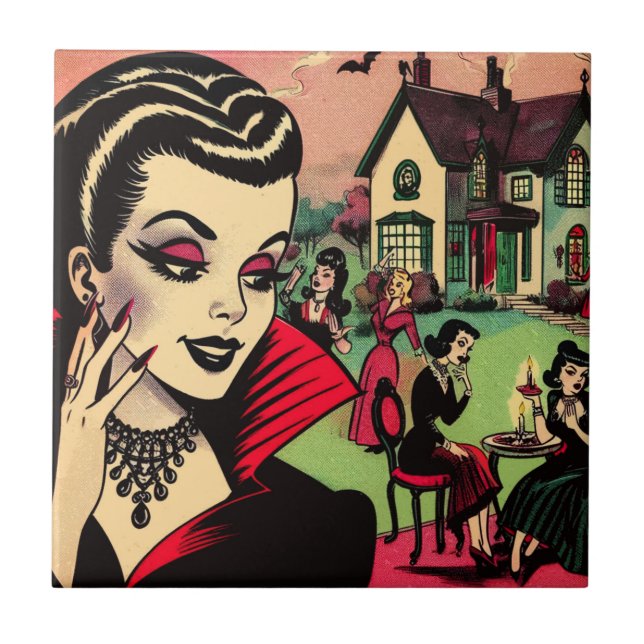Cute Retro Goth Vampire Woman Comics Ceramic Tile (Front)