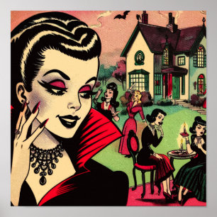 Cute Retro Goth Vampire Woman Comics Poster
